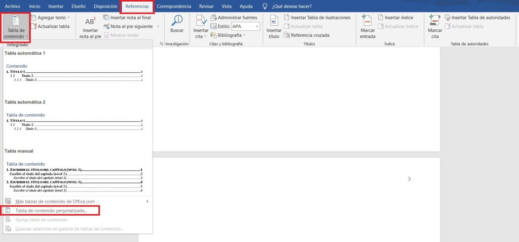 tabla de contenidos word